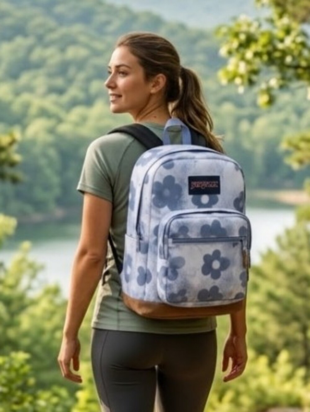 NEW! JanSport FLORAL Print Light Blue Backpack with Suede Base NWT - Picture 2 of 6